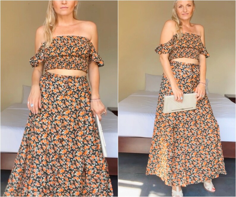 Boho Maxi Dress Two Piece Floral Pattern, Summer Off Shoulder Two Piece Dress, Ruffles Crop Top Buttons Maxi Skirt avec fentes image 2