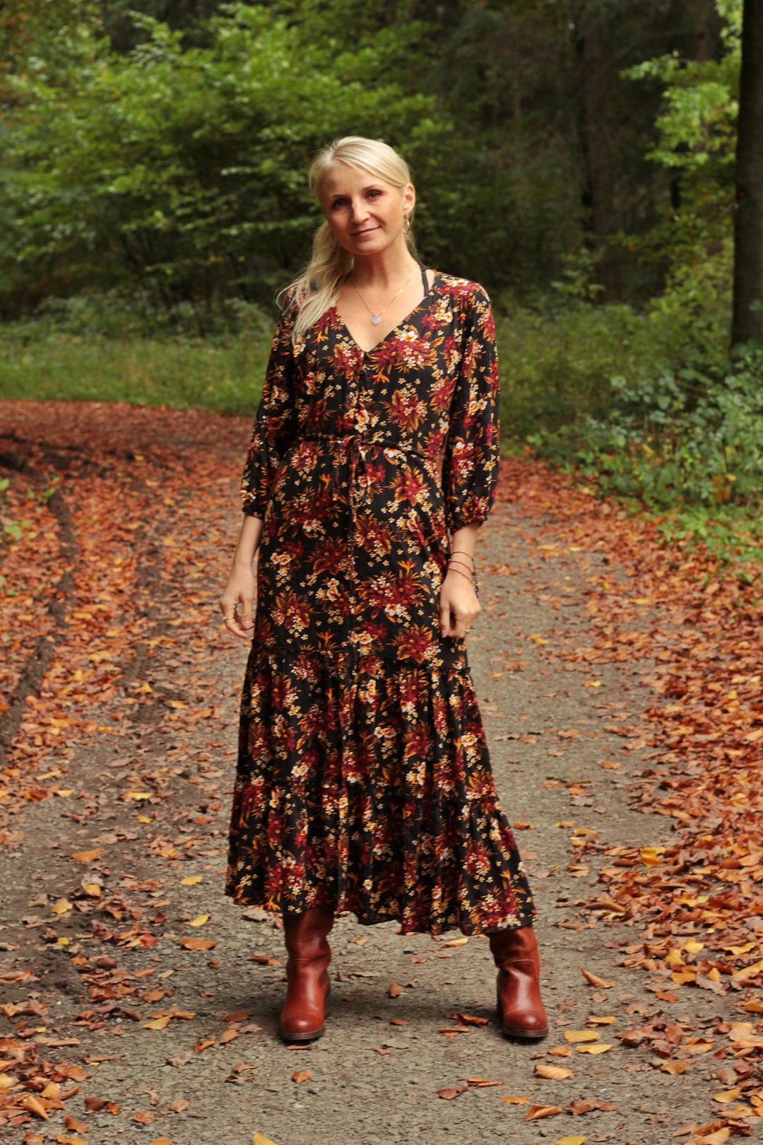 Black Boho Dress for Fall Winter, Midi Dress 3/4 Sleeves, Floral