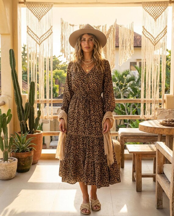 Long-sleeved leopard print dress, boho dress, leopard print dress, leopard print midi dress, office dress, everyday animal print dress