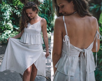 Natural Two Piece Dress linen optic Rayon in Off White Boho Summer Beach Surfer Style, Hippie Ibiza Style, Wedding Guest Outfit, open back