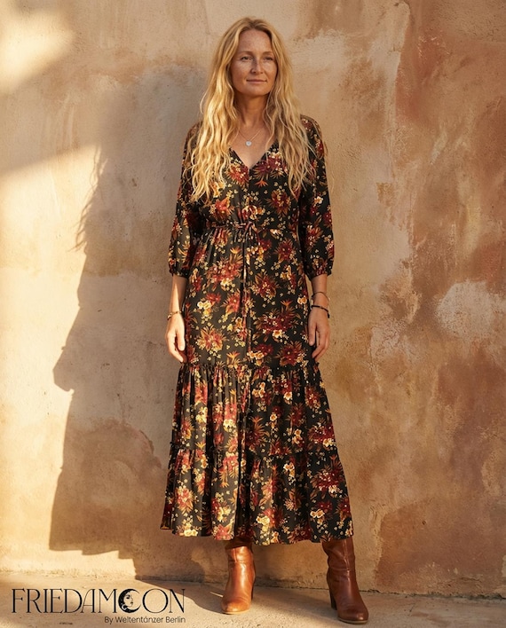 Boho Dress Black Red Flowers, Casual Midi Dress Bohemian, Hippie Dress Long  Sleeves Office Dress Festive Floral Pattern - Etsy