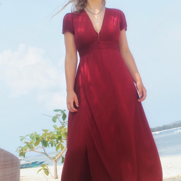 Long Evening Dress red, Wedding Guest Dress with Low Cut Neckline, Elegant Prom Dress or Cocktail Dress, Summer Dress in a deep Dark Red