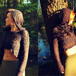 Underboob Crochet Crop Top, Cropped Hoodie, Knitted Sweater black, Hooded Summer Sweater, Hooded Top