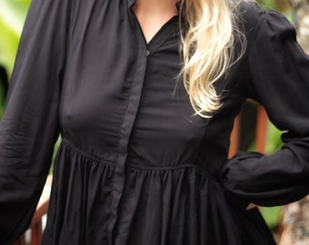 Elegant black blouse with peplum - flounce blouse long sleeve - ruffle hem blouse concealed button placket - office peplum peplum blouse party