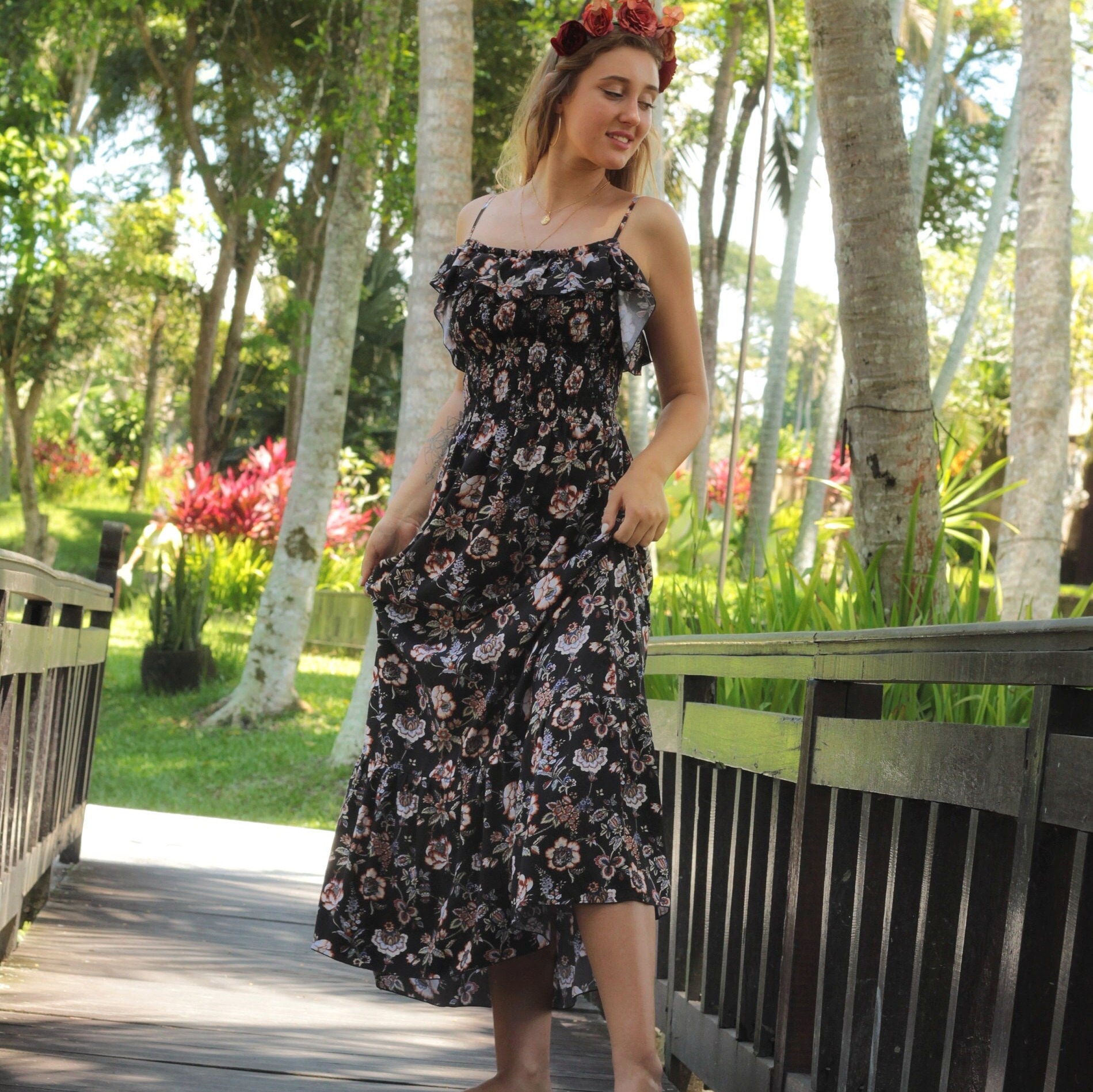 Summer Dress Women Black, Boho Dress Flowers, Long Spaghetti