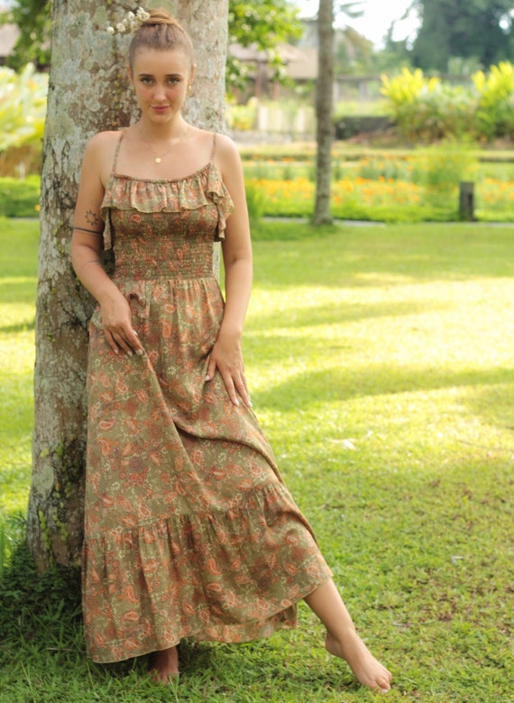 Boho Dress Great Summer Dress for Women in Olive Green Dress for Wedding Guest Hippie Bridesmaid Dress With Flounce and Spaghetti Straps Etsy