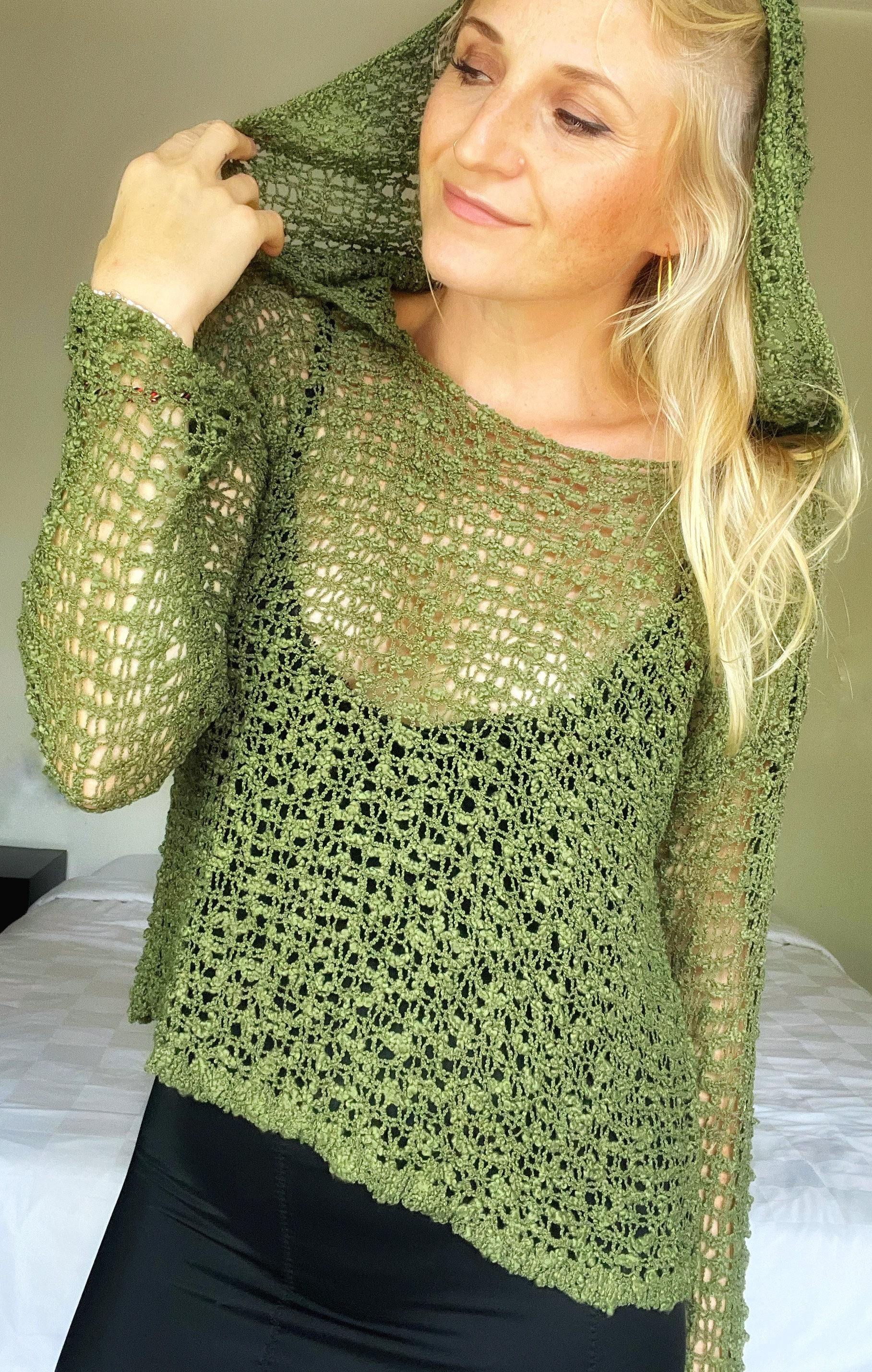 Hippie Mesh Knit Sweater with a hood Olive - Hooded Crochet Shirt Top Cognac Alternative Goa Gothic Festival Hoodie Knitted Summer Sweater