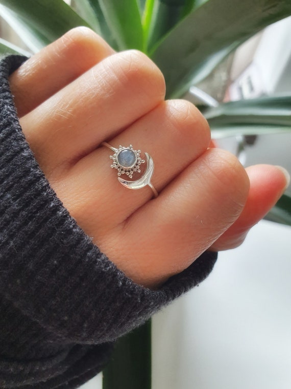 Fine Boho Ring Sun and Moon 925 Silver Made in Bali. Celestial Crescent Ring. Witchy Ring Labradorite Gemstone. Gift for her Etsy