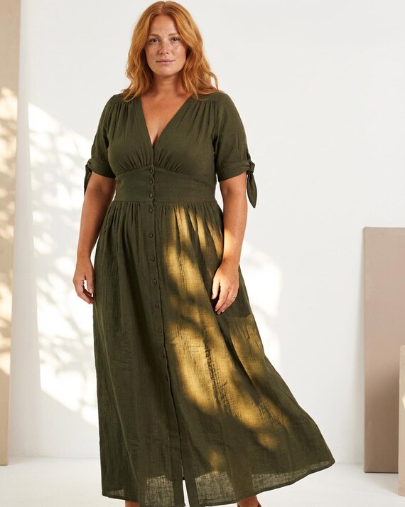 Women's Summer Dress Olive Green, Muslin Dress Midi, Casual Cottagecore Dress, Short sleeve cotton Dress, Every Day Dress
