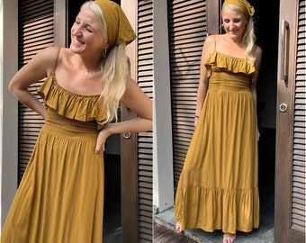 Robe d'été longue pour femmes, robe à bretelles spaghetti jaune moutarde avec volant, robe maxi hippie, robe pour invité de mariage