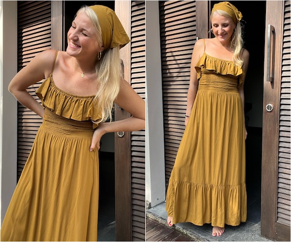 Long Summer Dress for Women Spaghetti Strap Dress Mustard Yellow
