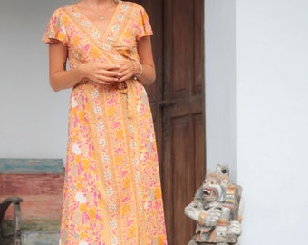 Boho summer dress long. wrap dress Boho Maxi Dress Flowers Print. Floral Dress Short Butterfly Sleeves. Ibiza dress. Bridesmaid Dress