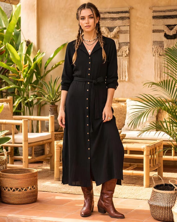 Belted Button Down Shirt Dress Muslin Cotton Black, Long Sleeve Fall Winter Dress Calf Length, Elegant Simple Dinner Dress, Office Drerss