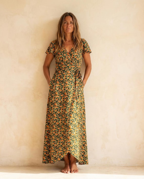 boho hippie summer dresses pstuiky Summer Dresses for Women , Flower Print Boho Dresses for Women Midi Dress Dressy 3/4 Sleeve V-Neck Cocktail Dresses Orange XL