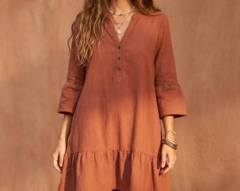 Vestido de otoño para mujer, vestido de lino suave, vestido de diario, vestido camisero, vestido túnica, vestido blusa, vestido babydoll, vestido boho hippie ancho