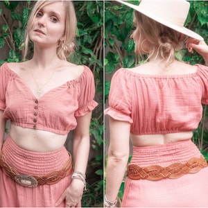 Hippie Crop Top, Beach Crop Top, Muslin Top short, Cropped Boho Chic Bardot Top with Carmen Neckline and short Puff Sleeves Salmon