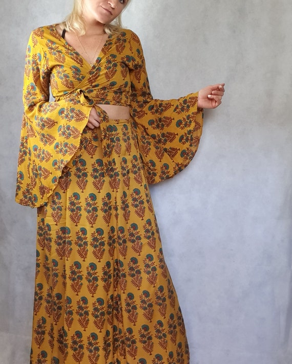 Boho Dress Floral Print Mustard Bohemian Two-piece Dress