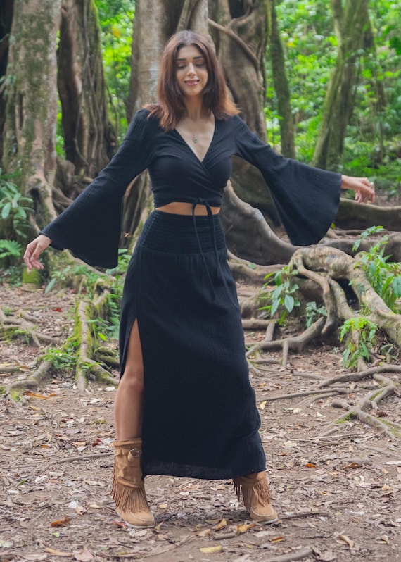 High Waisted Maxi Slit Skirt black, Long Summer Skirt with slits, Hippie  Skirt, Gothic Festival Skirt, Muslin Cotton Skirt