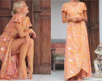 Boho Summer Wrap Dress long, Maxi Dress Flower Print Butterfly Sleeves, asymmetrical Floral Dress, Ibiza Beach Party Dress