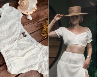 Sheer Muslin Woman Dress Off White Boho Chic, Cotton Hippie Dress two piece, Beach vacation Sun Dress, Romantic French prairie dress