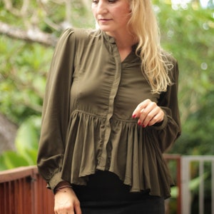 Boho chic ruffle hem blouse cuffed sleeves Olive green, office flounce Peplum blouse long sleeves concealed button placket - Coconut buttons