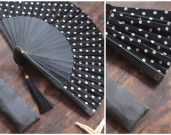 Ibiza Style Party Polka Dot black Foldable Hand Fan Handmade in Bali with a pouch and Tassels/ Christmas Gift for Her / Fair & Sustainable