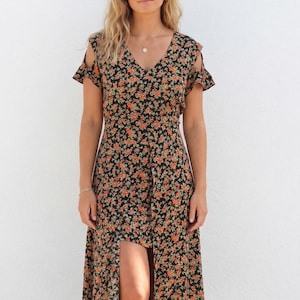 Casual Mullet Dress with short oversized Cut Out Sleeves, Floral High Low Dress, Dip-hem dress, Cascading hem dress, Asymmetric Boho Dress