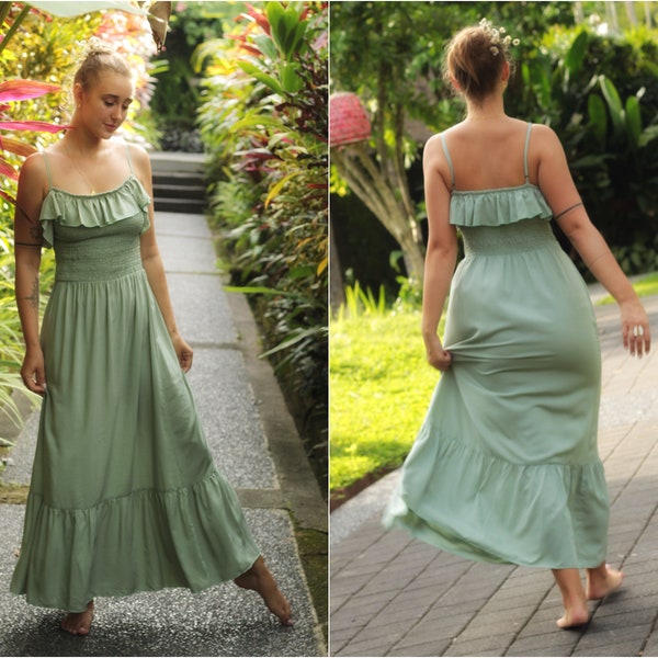 Damen Sommerkleid mit Spaghettiträgern, Brautjungfern Mintgrün, Maxi Kleid Hochzeitsgast Pastellgrün