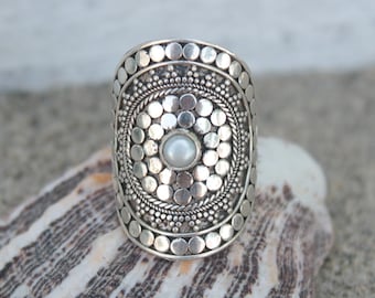 Bague Mandala En Zamak Argenté - Taille 9 (19mm), Style Boho/gypsy, Neuve Sans Emballage