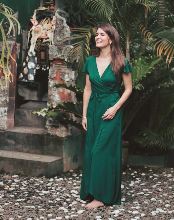 Maxi Wrap Dress Bottle Green, Bridesmaid Dress, Boho Summer Dress, Boho  Wedding Guest Dress, Boho Chic Evening Dress - Etsy Sweden