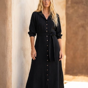 Button front dress, Black shirt Dress Muslin Cotton, Long Sleeve Spring Dress Calf length, Elegant Simple Dinner Dress, Office Dress