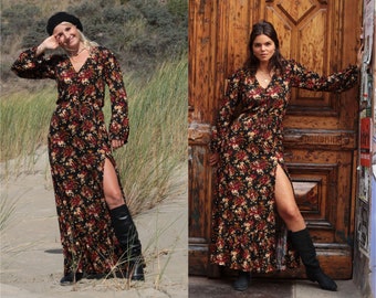 Boho Maxi Dress Flower Print high slit, Long Sleeved Dress, Floral Fall Dress black red, Elegant Bohemian Ibiza Hippie Dress Autumn Winter