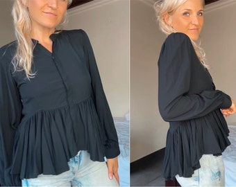 Elegante Schwarze Bluse mit Schößchen - Volant Bluse Langarm - Rüschen-Saum Bluse verdeckte Knopfleiste - Büro Schößchen Peplum Bluse Party