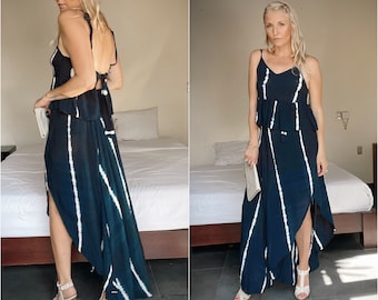 Damen Boho Sommerkleid zweiteilig, Hippie Batikkleid rückenfrei, Elegantes Kleid für Hochzeitsgast, Ibiza Strand Kleid