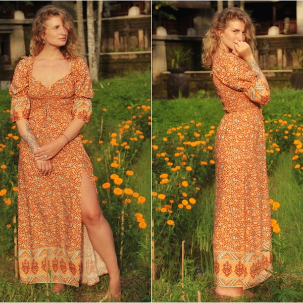 Romantic Maxi Dress, Cottagecore Flower Dress Side with Slit and short Puffed Seeves, Floral Prairie Milkmaid Dress long