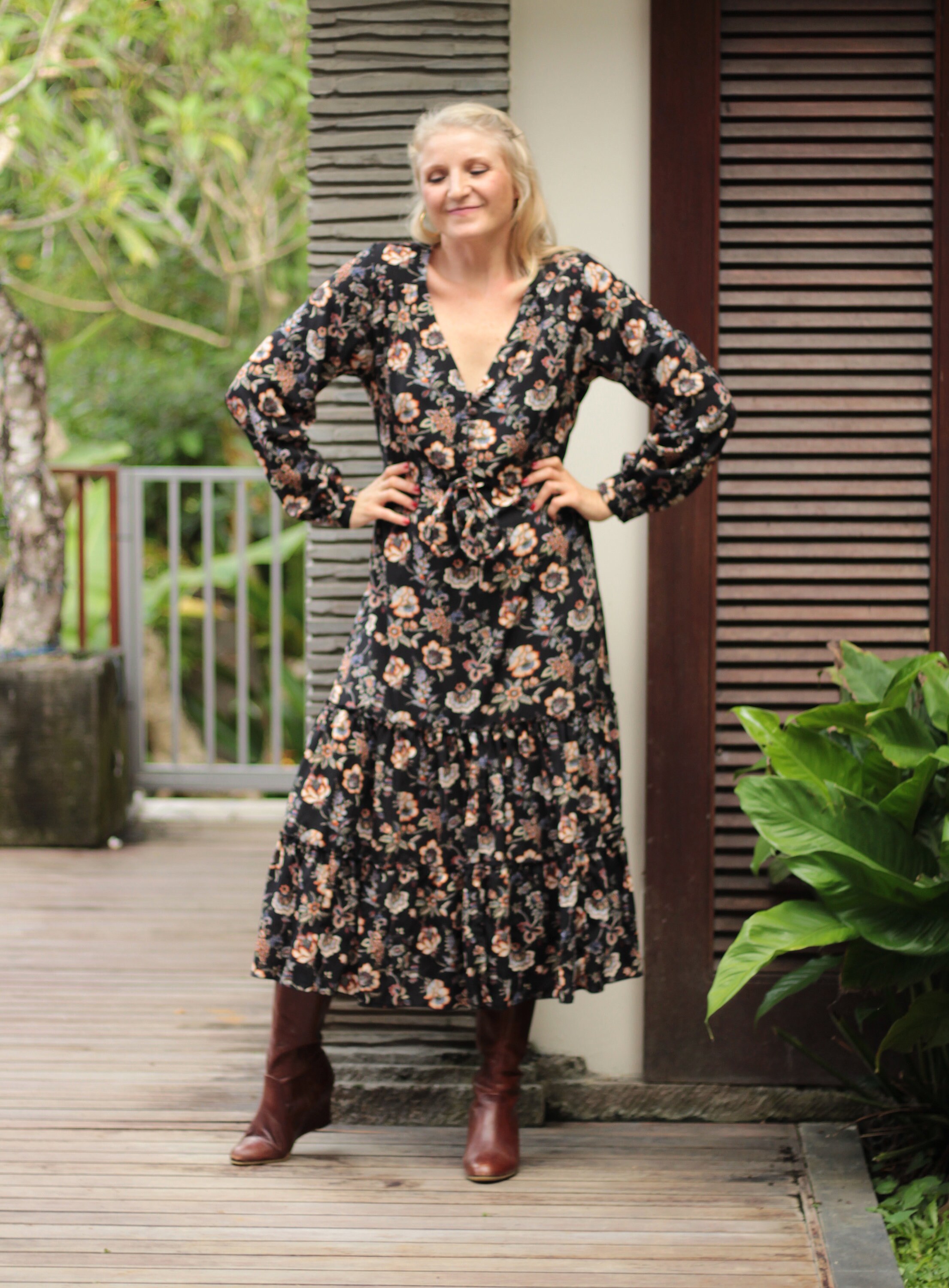 Boho Winter Kleid Langarm Schwarz Blumen Volant Bohemian Midi - Etsy Canada