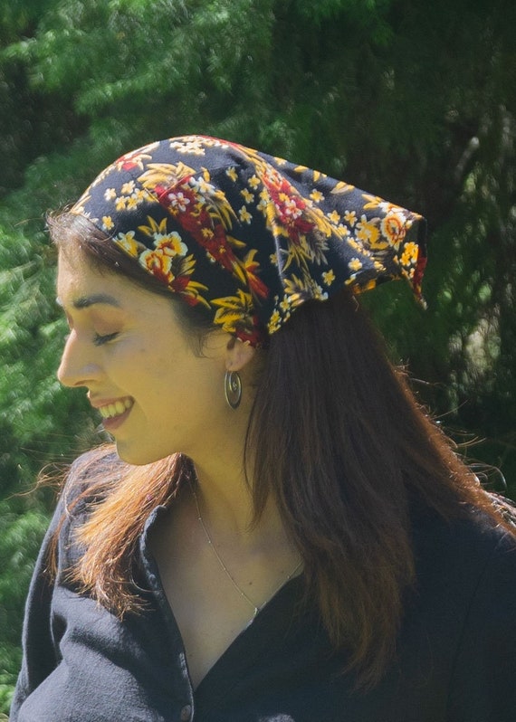 Triangle Head Kerchief Floral Black, Boho Head Scarf, Hippie  display picture 2