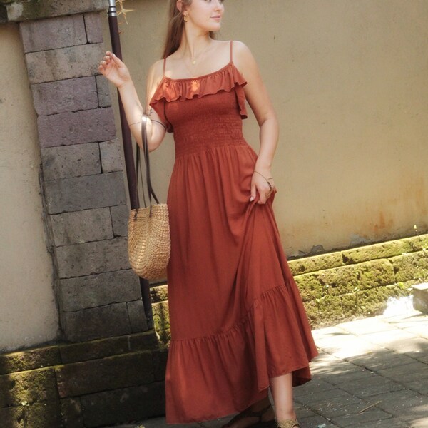 Long strap summer dress with flounce terracotta cognac brown - boho ruffle dress - light sun dress, boho hippie maxi dress vintage retro