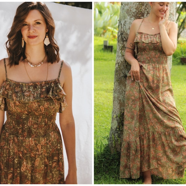 Langes Sommer Maxikleid dünne Träger Olivgrün Blumen - Volant Trägerkleid Hippie Maxi Kleid Brautjungfern Hochzeitsgast Prärie Cottagecore