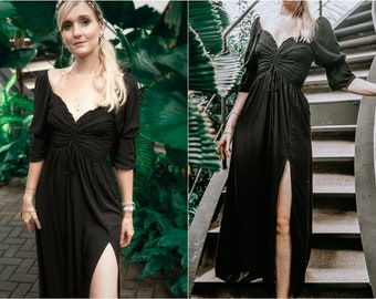 Robe Maxi noire Sweetheart Décolleté Fente gonflée Bell Seeves - Robe gothique noire élégante, Robe romantique à épaules dénudées longue Boho Steampunk