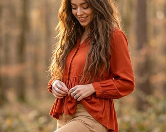 Boho Peplum Blouse with long sleeves, Ruffle Blouse with Hidden Button Placket, Formal Business Casual Blouse for Women, Peplum Top
