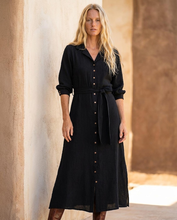 button down dress winter Belted Shirt Muslin Cotton Black, Long Sleeve Fall Dress Calf Length, Elegant Simple Dinner Dress, Office Drerss perfect for sophisticated autumn size_type:extended Brown Crepe Sheath Ruched Color::#8-Red