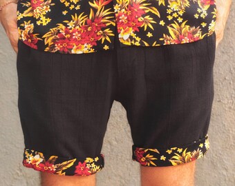 Bermudas para hombre con estampado floral plegable, pantalones cortos de lino para hombre, pantalones cortos de verano para vacaciones en la playa
