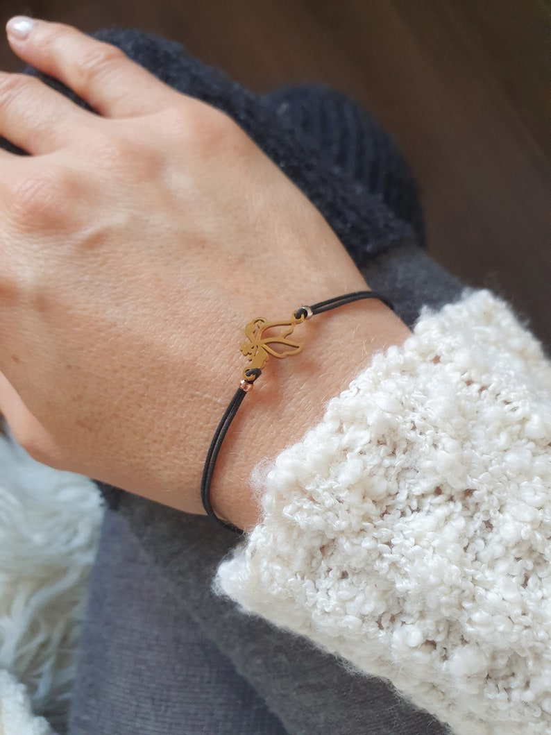 Fine Minimalistic Friendship Bracelet Butterfly Brass Black Elastic Wrist Band gift for her Friend delicate macrame bracelet chain