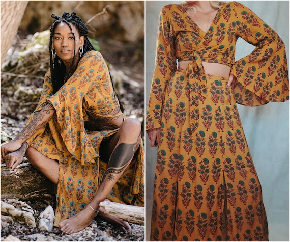 celle Site line Konsekvent Two Piece Boho Dress Floral Mustard 70s 60s Retro Hippie - Etsy Norway