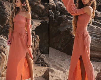 Boho Maxi Dress Off Shoulder, Muslin Dress Long Trumpet Sleeves, Goa Festival Hippie Dress, Sexy Dress with Slit, Fairy Dress, Summer Dress