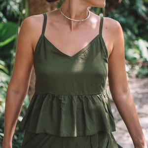 Open Back Top Spaghetti Straps Olive, Tie back Summer Top, Elegant Peplum Top Boho Hippie, Festival Top Backless Low Back Top Beach Vacation