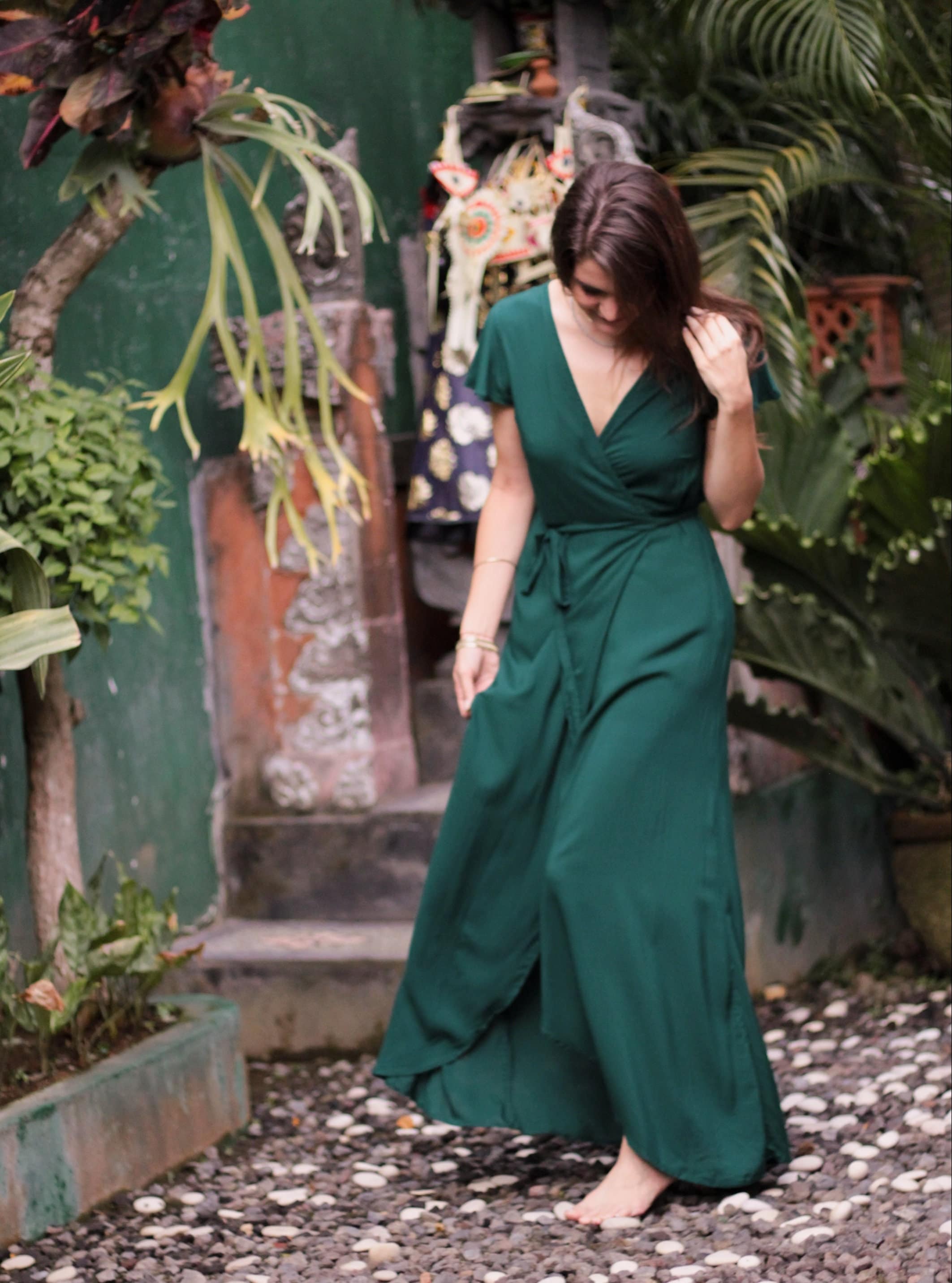 Maxi Wrap Dress Bottle Green, Elegant Dress Long, Bridesmaid Dress 