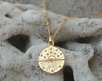 Collar de monedas boho chapado en oro plata 925, collar de medallón cielo estrellado, collar de brujas, collar espiritual, aspecto de capas de collar de amuleto