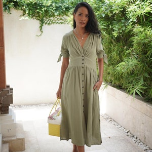 Women's Summer Dress Sage, Muslin Dress Midi, Casual Cottagecore Dress, Short sleeve cotton dress, Every Day Dress zdjęcie 8